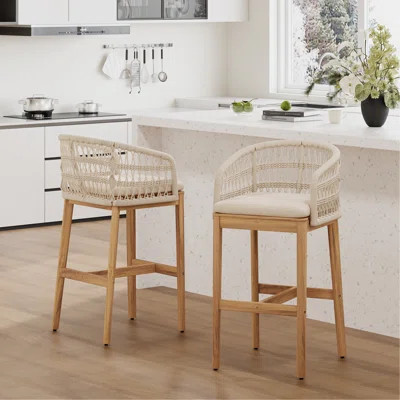Laguna Outdoor Wood And Rope Barstool, Teak Finished Wood With Beige Cushion, Set Of 2 | Wayfair North America