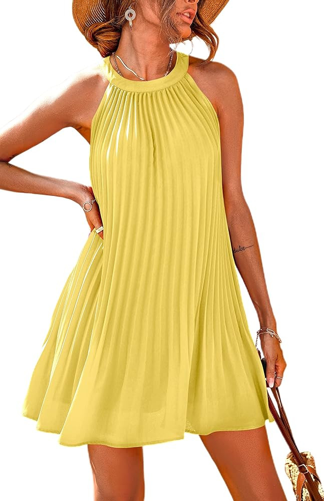 PRETTYGARDEN Women's Cute Halter Neck Sleeveless Mini Dress Solid Color Flowy Pleated Beach Dress... | Amazon (US)