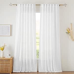 RYB HOME Linen Sheer Curtains for Living Room Textured Semi Sheer Curtains Large Window Treatment... | Amazon (US)