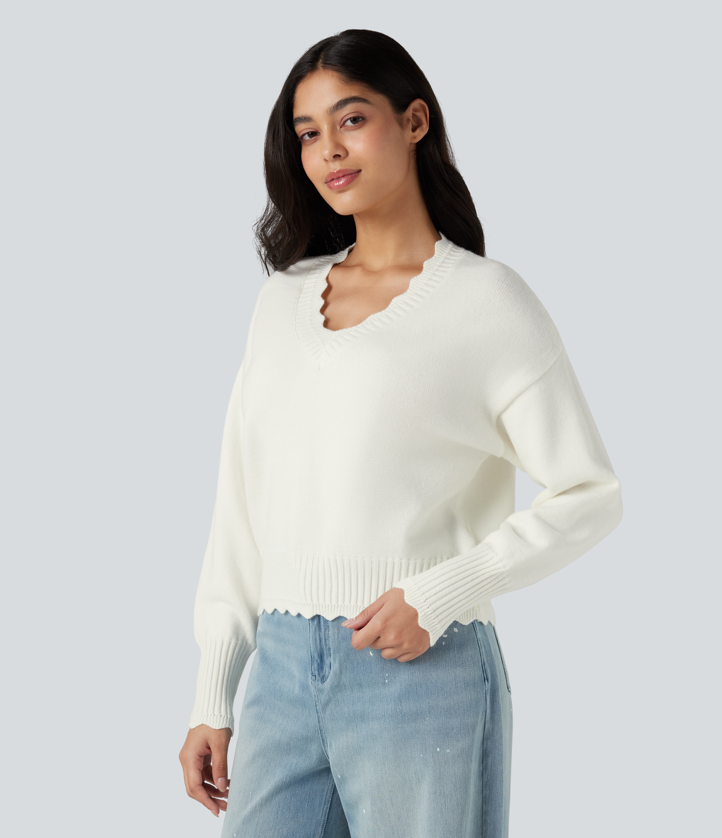 Halara V-neck Long Sleeve Scallop Trim Casual Sweater - Snow White - M | HALARA