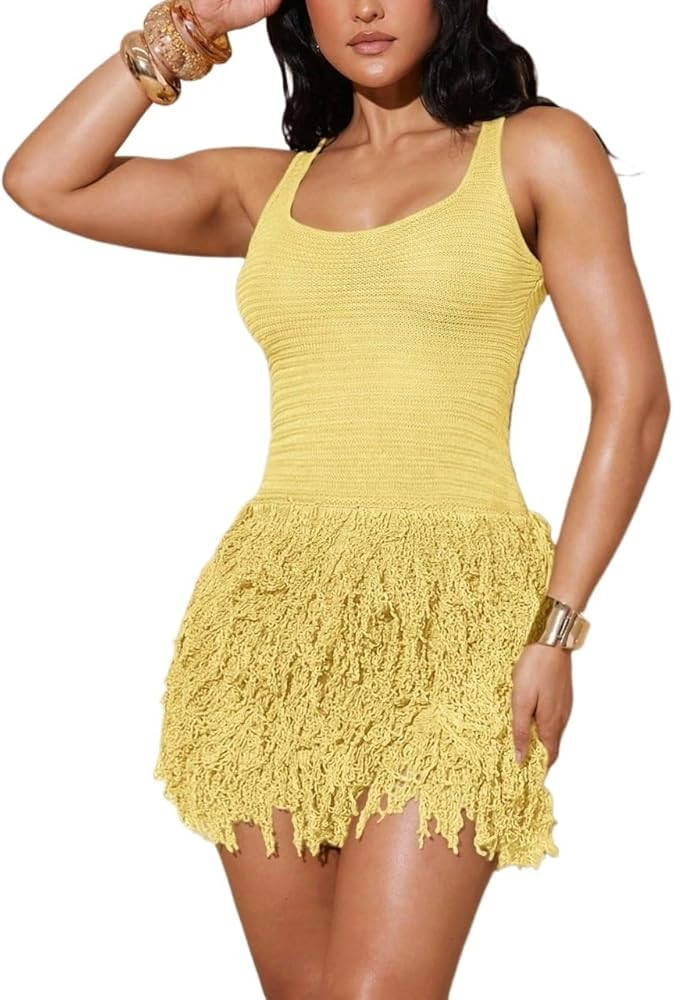 Sleeveless Solid Color Hem Mini Knit Dress Summer Women's Casual Knit Sweater Dresses | Amazon (US)