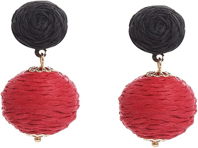 Bohemian Woven Rattan Straw Wicker Raffia Ball Drop Dangle Earring for Women Girl Teen Handmade L... | Amazon (US)