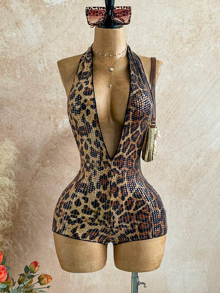 Soleia Plus Size Women's Vacation Sequin Glitter Leopard Print Knit Textured Deep V Neck Backless Sexy Bodysuit, Fashionable Fitted Romper For Party, Date, Afternoon Tea, Boho Vacation, Beach, Summer , Carnival. Cheetah Print Romper Bodysuit For Women Cheetah Print Swimsuit Vintage Swimsuit Bodysuits For Women | SHEIN