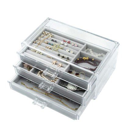 Acrylic Jewelry Box 3 Drawers Velvet Jewellery Organizer For Earring Rings Necklaces Bracelets Displ | Walmart (US)