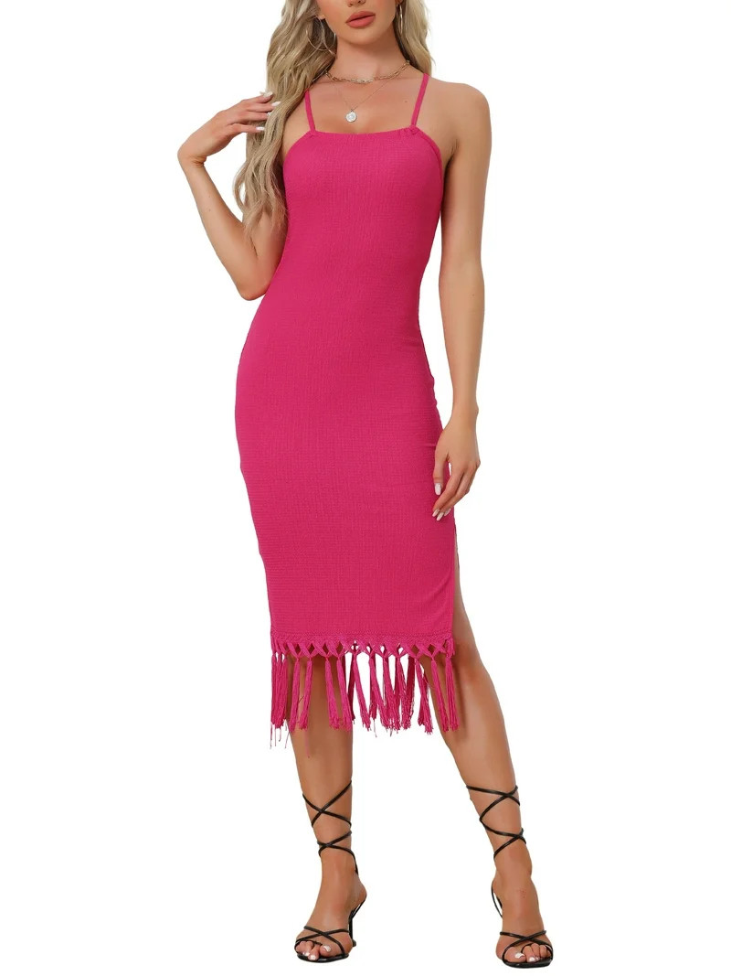 INSPIRE CHIC Crochet Dress for Women's Fringe Hem Boho Beach Sleeveless Dress S Hot Pink | Walmart (US)