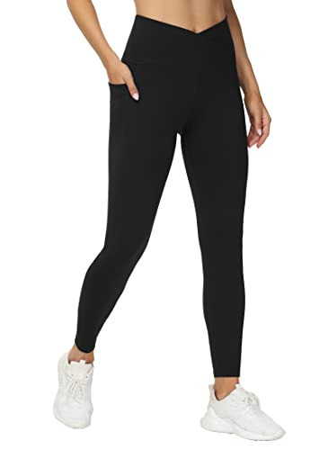 THE GYM PEOPLE Women's V Cross Waist Workout Leggings Tummy Control Running Yoga Pants with Pockets(Black, Medium) | Amazon (US)