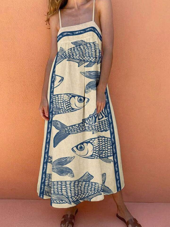 Women's Bohemian Style Summer Casual Beach Vacation Fashion Blue Fish Alphabet Printed Halter Dre... | SHEIN