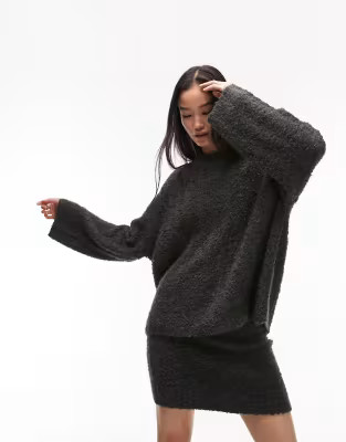 Topshop knitted co ord textured boucle slouchy crew neck jumper in charcoal | ASOS (Global)