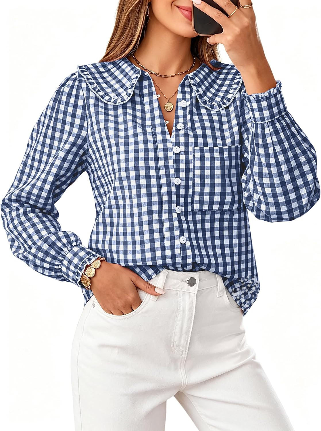 SimpleFun Button Down Shirts for Women Long Sleeve Blouse Gingham Work Tops | Amazon (US)