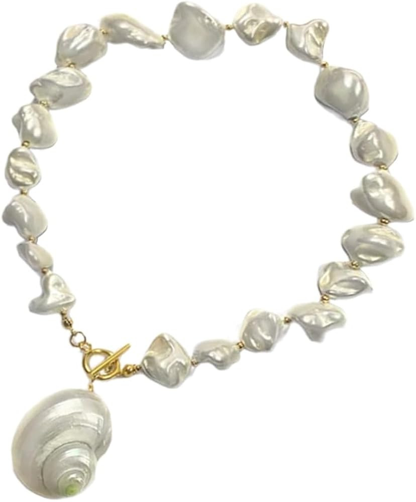 Unique Sea Snail Pendant Necklace Freshwater Pearls Beaded Neckchain Adjustable Length Clavicle C... | Amazon (US)