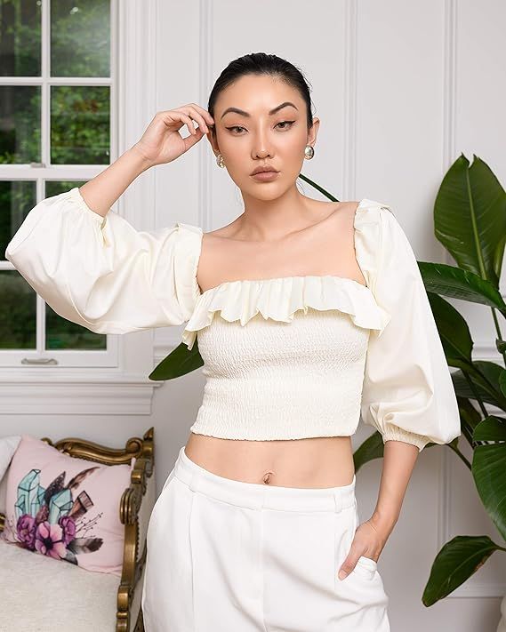 The Drop Women's Cloud White Smocked Ruffle-Neck Top with Straps by @jessicawang | Amazon (US)