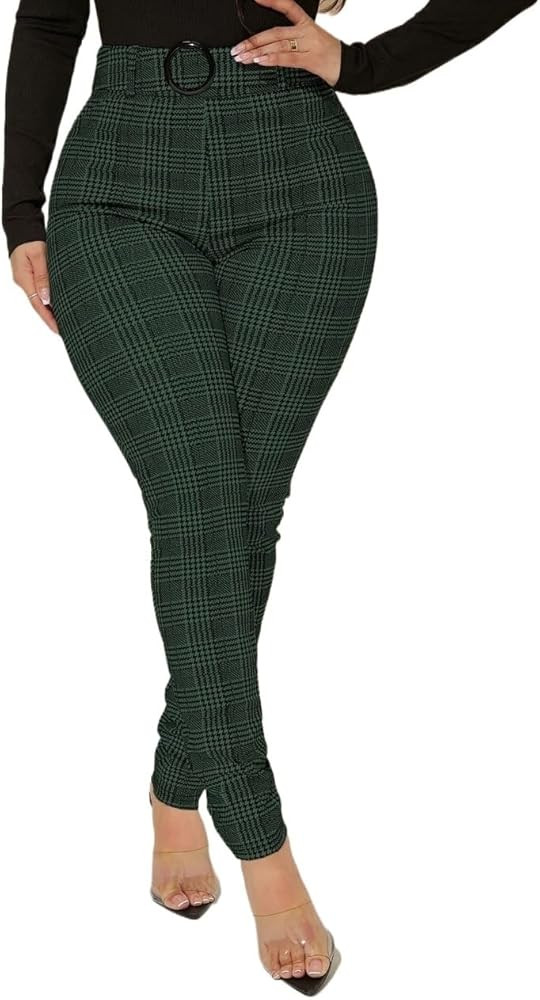 Womens Classic Casual Pants Sexy High Waist Plaid Belted Pants | Amazon (US)