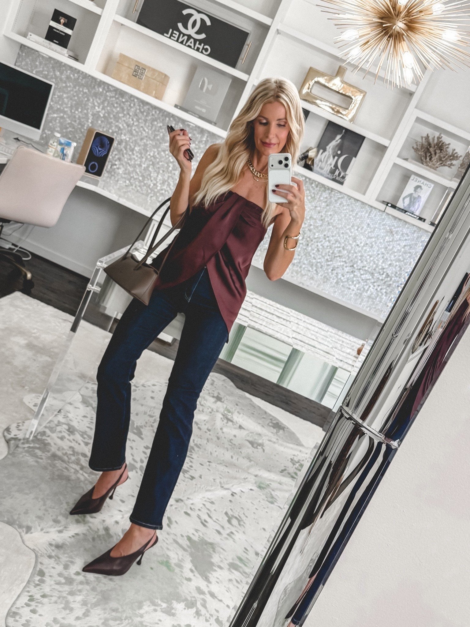 Fall's hottest denim trend? Dark denim — and I'm bringing it from day to night 🖤👖

I did these Quince $50 dark straight leg jeans for a date night/girls' night out look — love that they come in multiple lengths, I'm 5'4" wearing a 24x28. Paired them with a strapless burgundy satin top and a sling-back pump.

How are you styling your dark denim this fall?

Fit notes: Everything runs true to size — I'm in an XS top and a size 24 in the jeans.

#LTKootd #LTKgrwm #LTKOver40