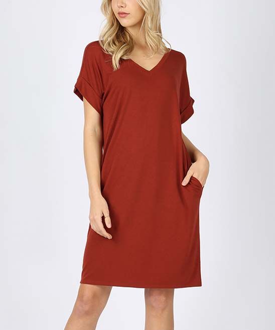 SBS Fashion Women's Casual Dresses Dk - Dark Red Pocket T-Shirt Dress - Plus | Zulily
