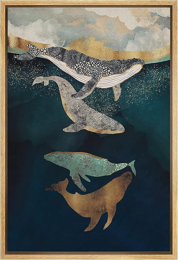SIGNFORD Framed Canvas Print Wall Art Whales with Dots Under The Blue Sea Abstract Wilderness Ill... | Amazon (US)