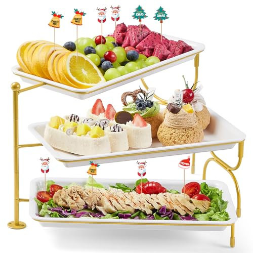 Lifewit 3 Tier Serving Tray for Party, 12" x 6.5" Plastic Tiered Food Serving Platters, White Rotatable Tiered Tray Stand with Gold Collapsible Metal Stand, Dessert Table Display Set for Buffet | Amazon (US)
