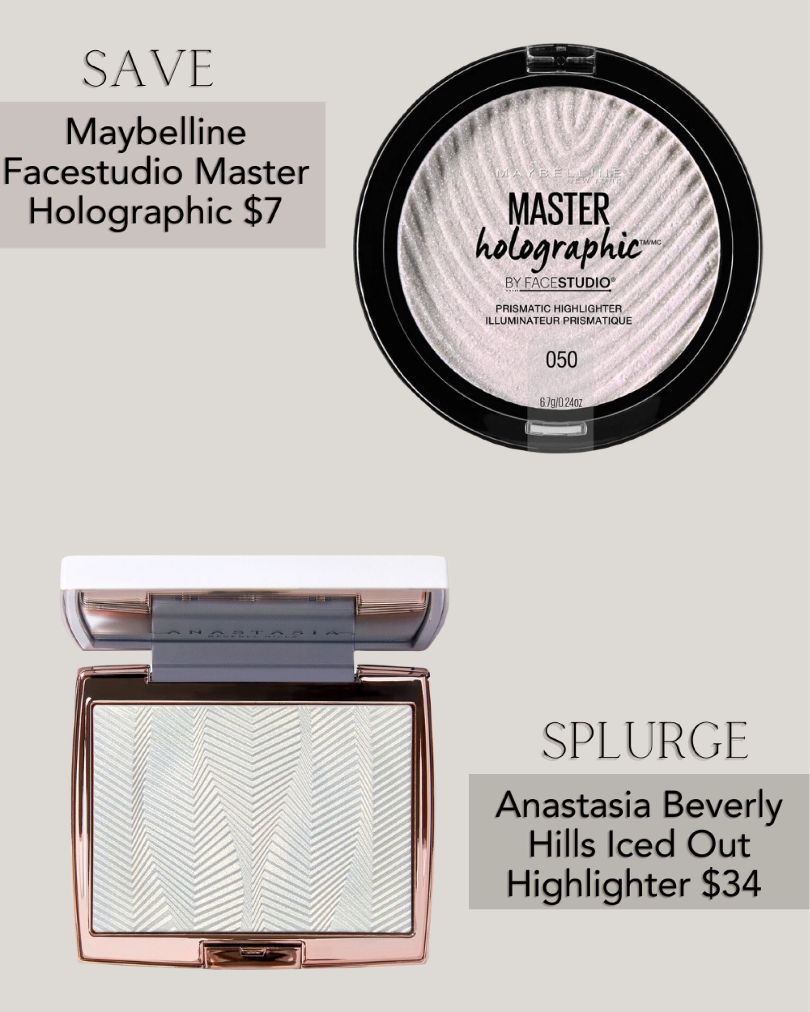 Anastasia Beverly Hills Iced out Highlighter Dupe, Maybelline Facestudio Holohgraphic with only $7. Best drugstore maybelline makeup dupes.

#LTKFind #LTKbeauty #LTKunder50