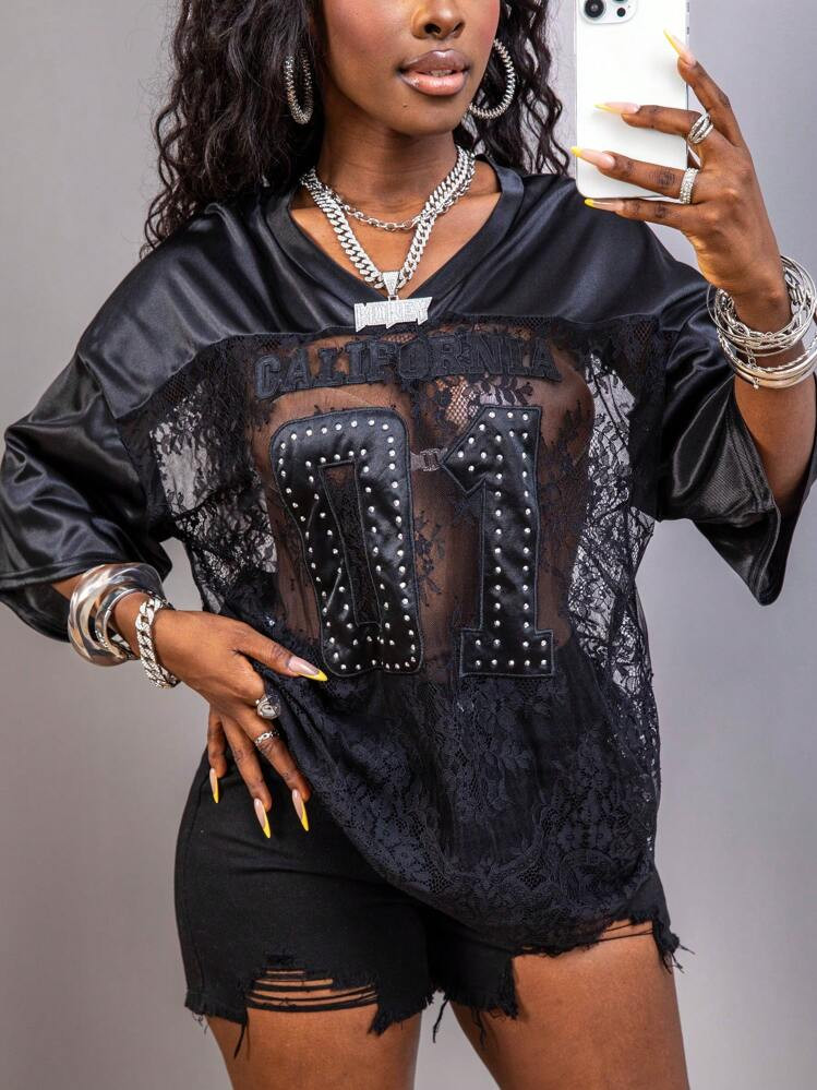 FQLWL Summer Women's Letter Rhinestone Lace Jersey Tops Midnight Party Wear V-Neck Half Sleeve See Through T-Shirt | SHEIN