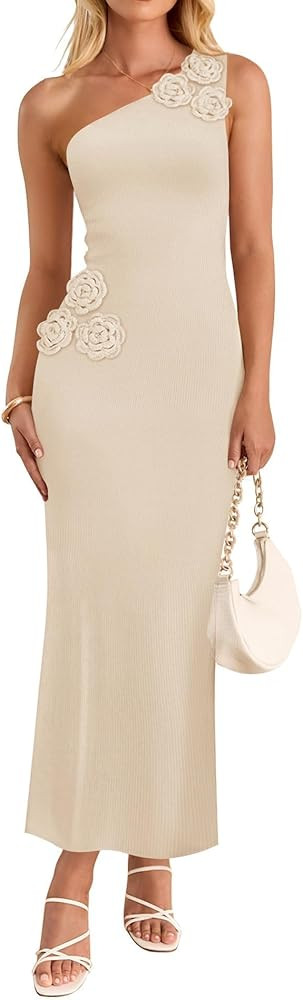 ZESICA Women's 2025 Summer One Shoulder Sleeveless Maxi Dress Casual Floral Ribbed Knit Backless ... | Amazon (US)