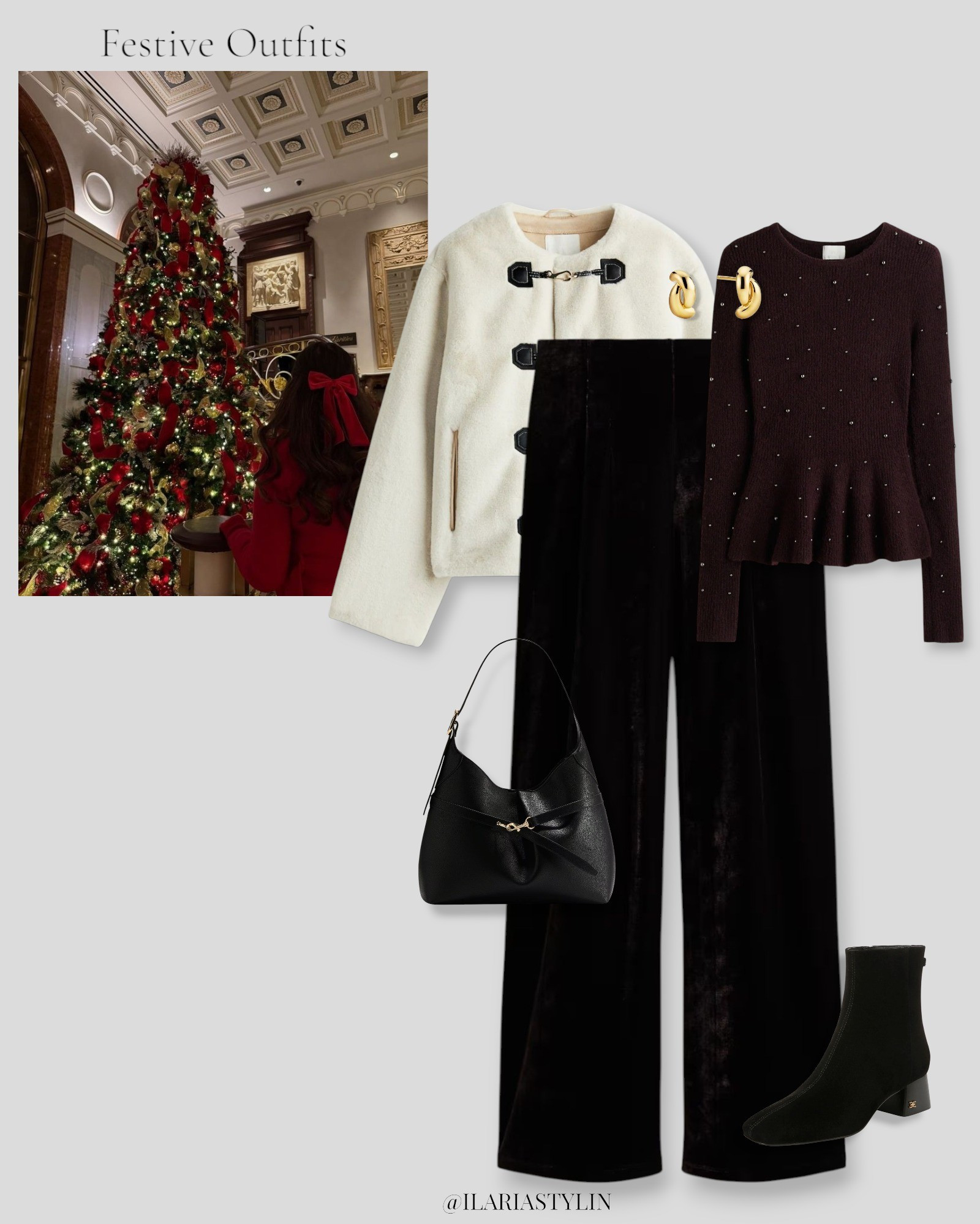 FESTIVE OUTFITS 🎁✨festive outfit, festive outfit ideas, cream jacket, duffle jacket, burgandy top, peplum top, bead-embellished top, black pants, velour pants, dress pants, black boots, suede boots, ankle boots, heeled boots, black bag, shoulder bag, chic outfit

#LTKHoliday #LTKootd #LTKSeasonal