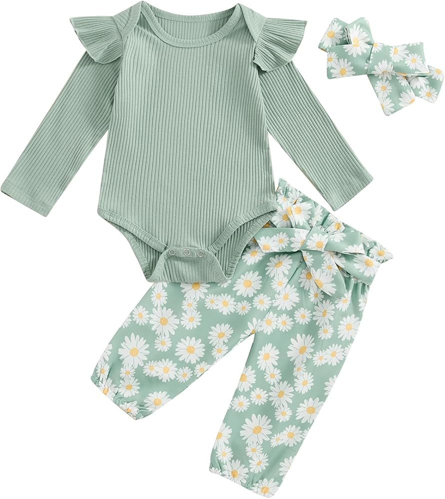 Kaipiclos Newborn Infant Girl Clothes Rib Knit Romper Daisy Print Pants Headband Baby Clothes for... | Amazon (US)