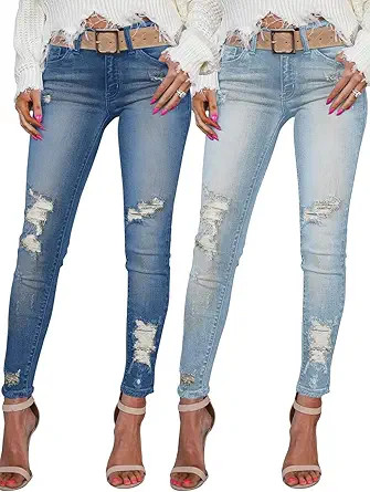 Women's Skinny Ripped Trendy Jeans Mid Waisted Destroyed Denim Pants with Pockets (Pack of 2) | Amazon (US)