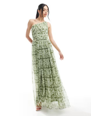 Lace & Beads Bridesmaid one shoulder maxi dress in olive floral | ASOS (Global)