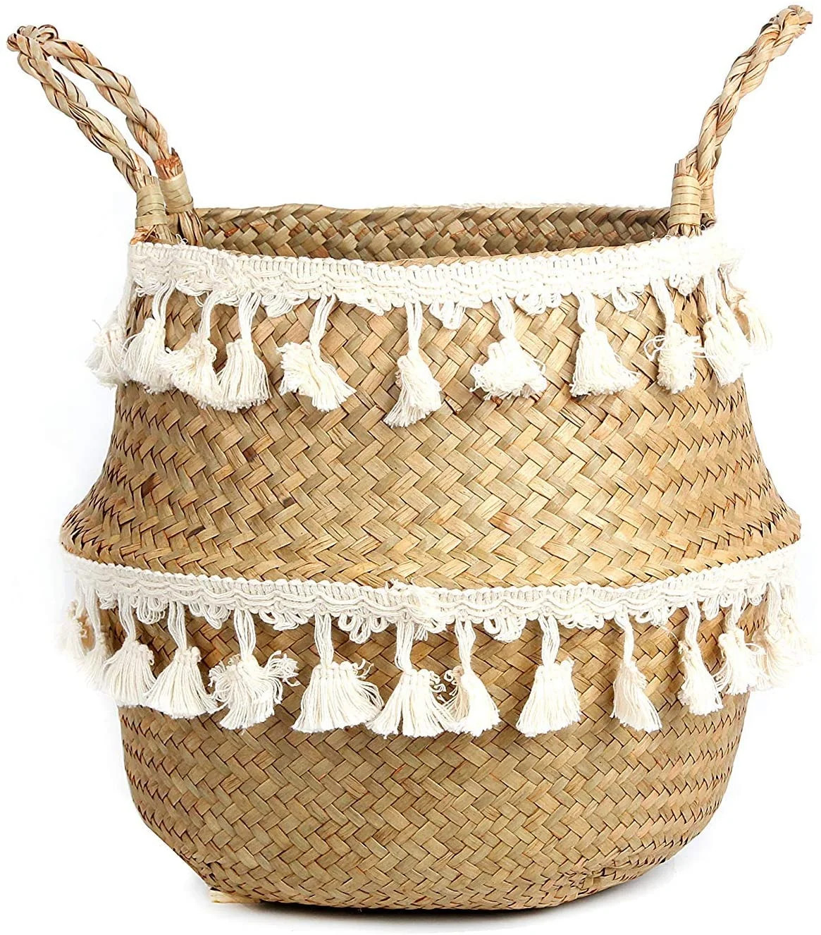 BlueMake Tassel Macrame Woven Seagrass Belly Basket for Storage, Picnic, Groceries - Walmart.com | Walmart (US)