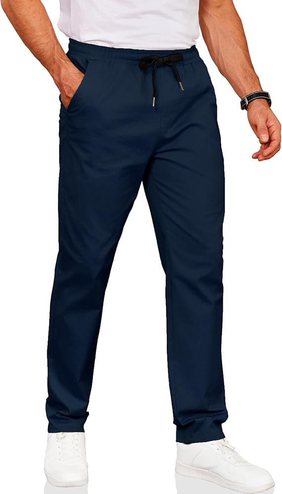 COOFANDY Men's Drawstring Casual Pants Cotton Twill Elastic Waist Chino Pants | Amazon (US)