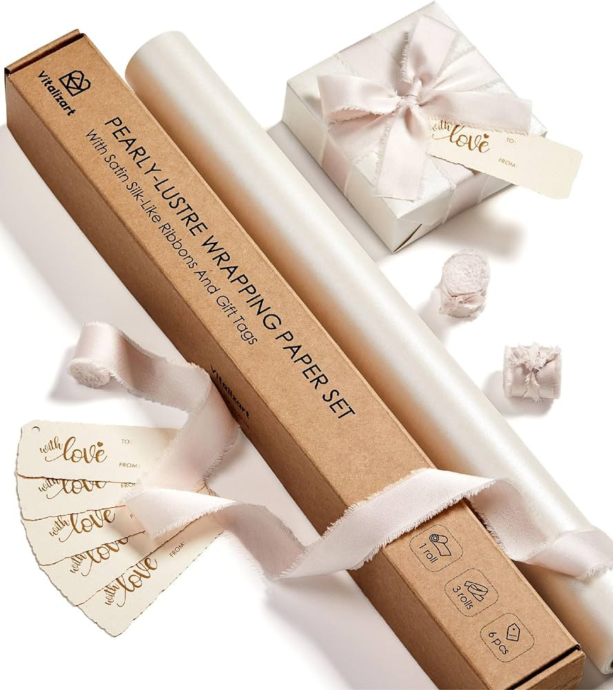Vitalizart White Wrapping Paper Set 17" Pearly-Lustre With Silk Like Satin Ribbon & Gift Tags Rec... | Amazon (US)