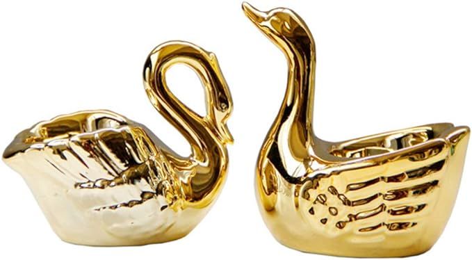 TENDYCOCO 2pcs Gold Ceramic Matching Swan Tea Light Candle Holders Swan Figure Table Statue Sculp... | Amazon (US)