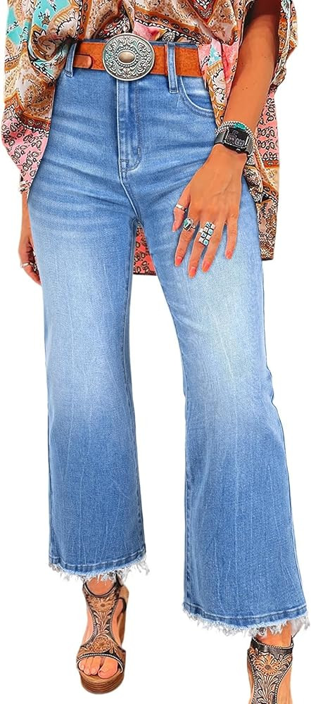 Astylish Womens High Waisted Jeans Stretchy Flared Straight Leg Loose Trendy Raw Hem Denim Pants | Amazon (US)