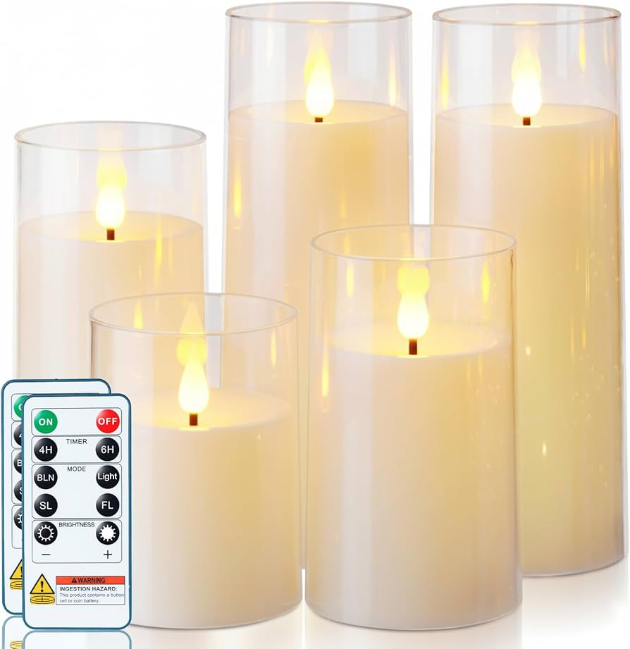 Homemory Ivory White Flickering Flameless Candles, Battery Operated Acrylic LED Pillar Candles wi... | Amazon (US)