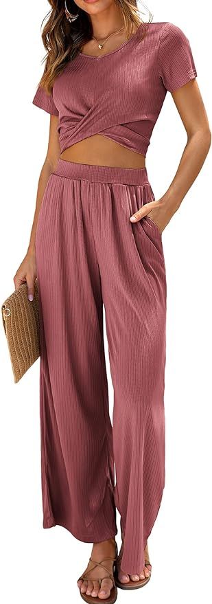 Ekouaer Womens Pajama Sets 2 Piece Lounge Set Short Sleeve Outfit Sets Ribbed Knot Crop Top Wide ... | Amazon (US)