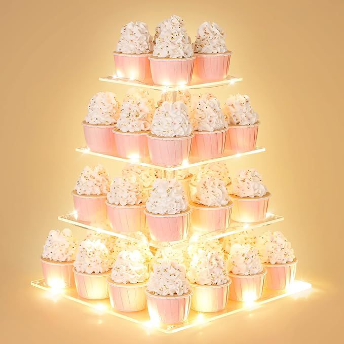 4 Tier Cupcake Stand with LED String Light, Acrylic Cupcake Display Stand, Square Cupcake Tower H... | Amazon (US)