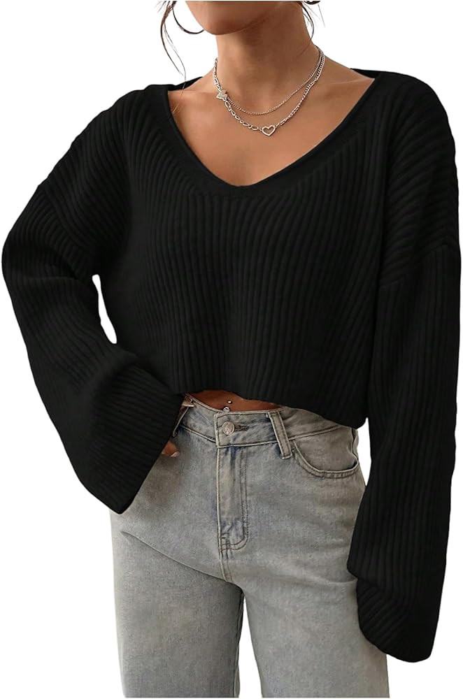 Floerns Women's Long Sleeve Cropped Fall Pullover V Neck Drop Shoulder Rib Knit Sweaters Top | Amazon (US)