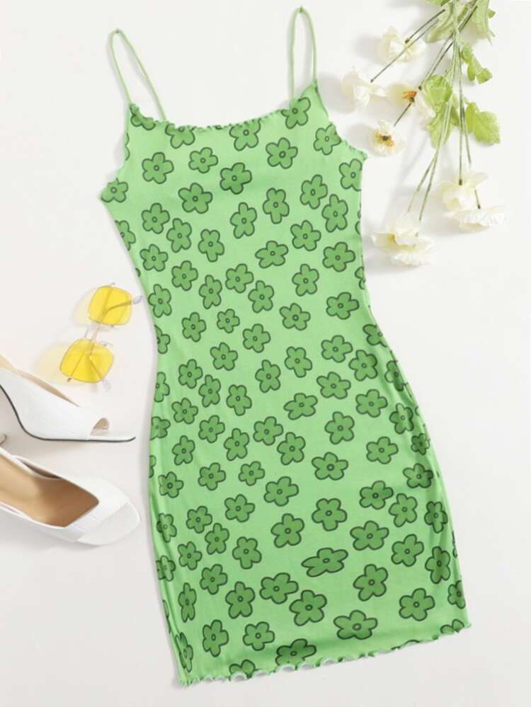 SHEIN Floral Lettuce Trim Bodycon Dress | SHEIN