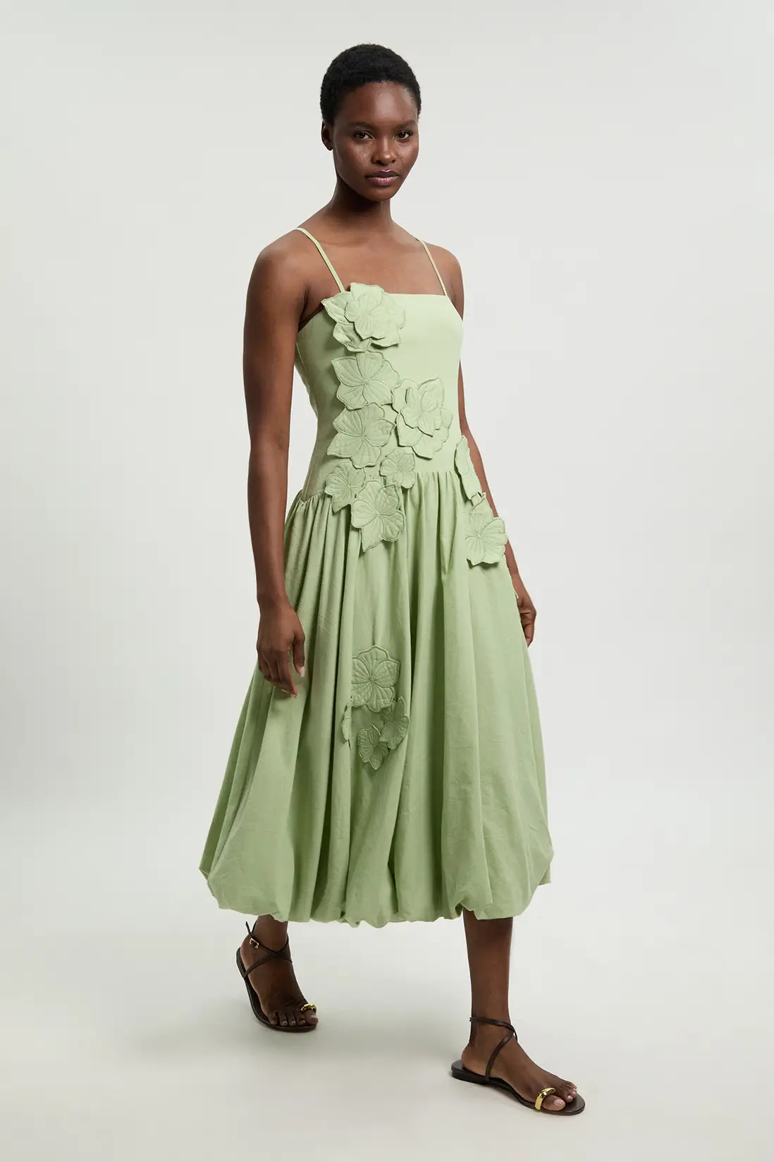 Sage Cotton Linen 3D Floral Bubble Hem Midi Dress | Karen Millen | Karen Millen