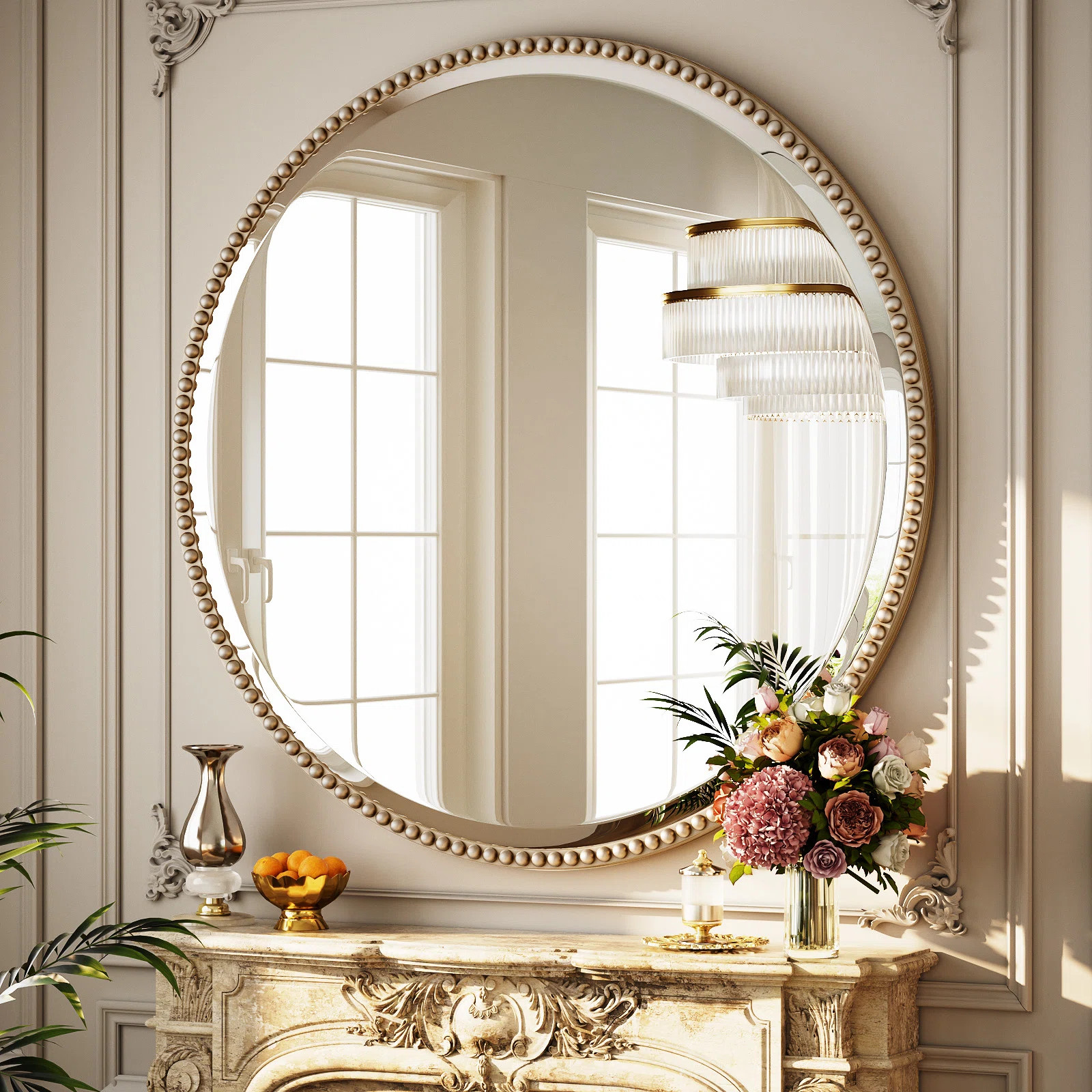 Beaded Round Wall Mirror Decorative Vanity Bathroom Mirror With Resin Frame | Wayfair North America