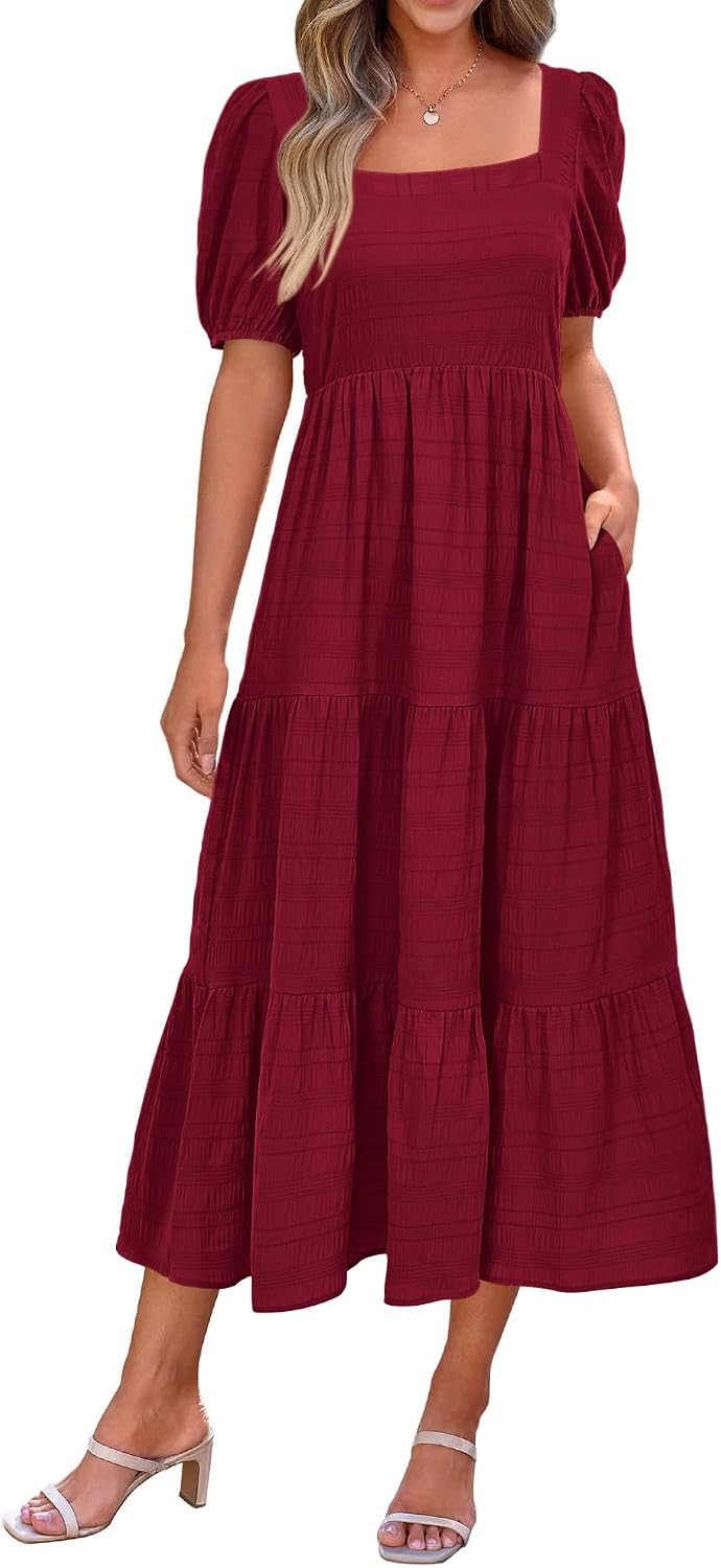 PRETTYGARDEN Women's Summer Dresses 2026 Puff Sleeve Square Neck High Waist Smocked A-Line Flowy Loose Fit Midi Dress | Amazon (US)