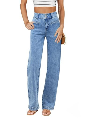 Sidefeel Women's Wide Leg Jeans High Waisted Straight Leg Stretchy Zimbaplatinum Trendy Loose Denim Pants Light Blue Size 4 | Amazon (US)