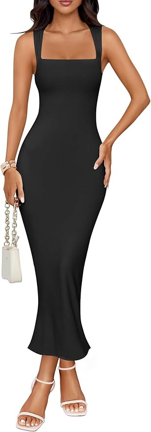 ZESICA Women's Summer Bodycon Midi Dress Sleeveless Square Neck Slim Fit Back Slit Long Cocktail ... | Amazon (US)