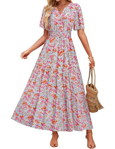 ZESICA Women's 2025 Summer Casual Floral Print Short Sleeve V Neck High Waist A Line Tiered Flowy Boho Maxi Dress,LightBlue,Small | Amazon (US)