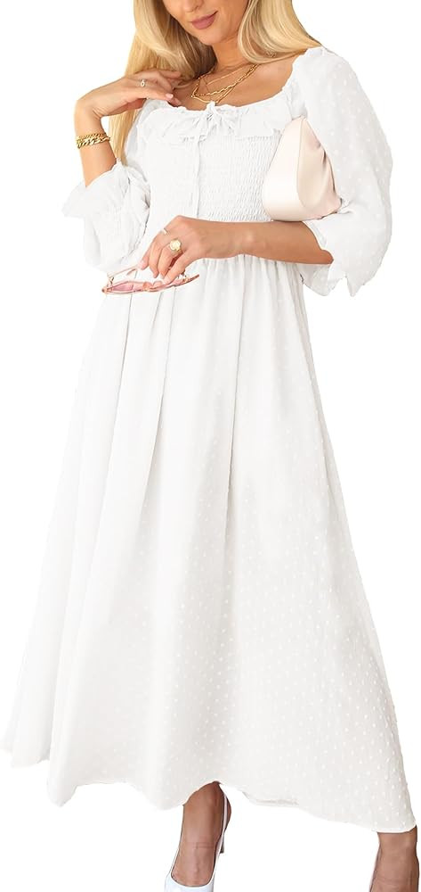 Anna-Kaci Vintage Dress Casual Long Puff Sleeve High Waist Smocked Chiffon Lace Flowy Summer Dres... | Amazon (US)