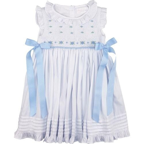 White And Blue Smocked Rosette Dress | Cecil and Lou