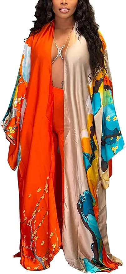 Floral Kimonos for Women Casual Open Front Stain Long Kimono Robes Cardigan Cover Up Plus Size | Amazon (US)