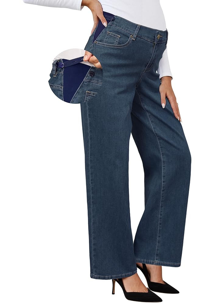 OUGES Womens Adjustable Waistband Cotton Blend Stretchy Maternity Jeans Loose Fit Straight Leg De... | Amazon (US)