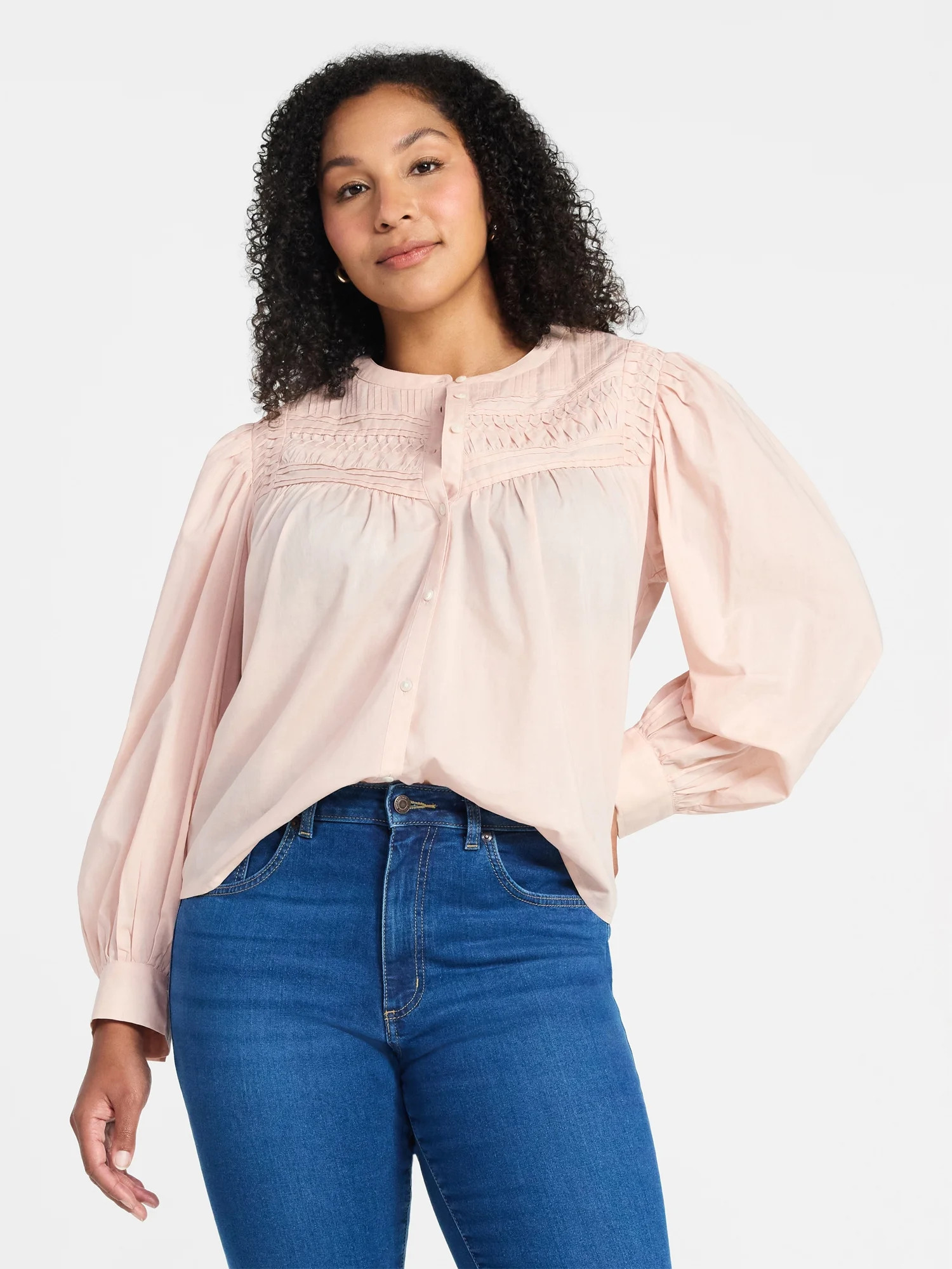 Time and Tru Women's Textured Yoke Cotton Blouse with Long Puff Sleeves, Sizes XS-XXXL | Walmart (US)