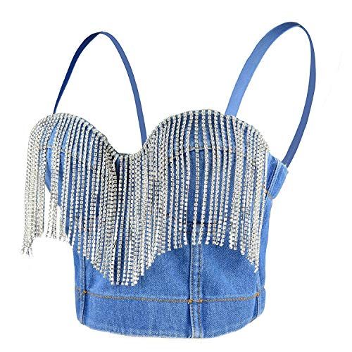 ELLACCI Women's Tassel Rhinestone Denim Bustier Crop Top Jean Corset Top Bra Blue | Amazon (US)