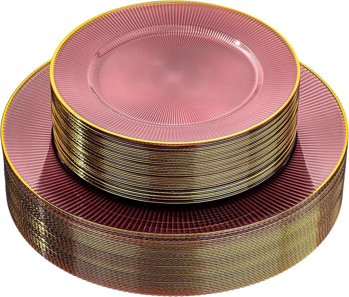 Hioasis 60pcs Burgundy and Gold Plastic Plates - Burgundy Disposable Dinnerware Set, 30pcs Dinner... | Amazon (US)